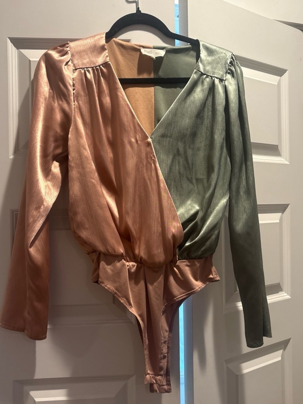 Peach Love California Satin Wrap Bodysuit in Pink and Sage